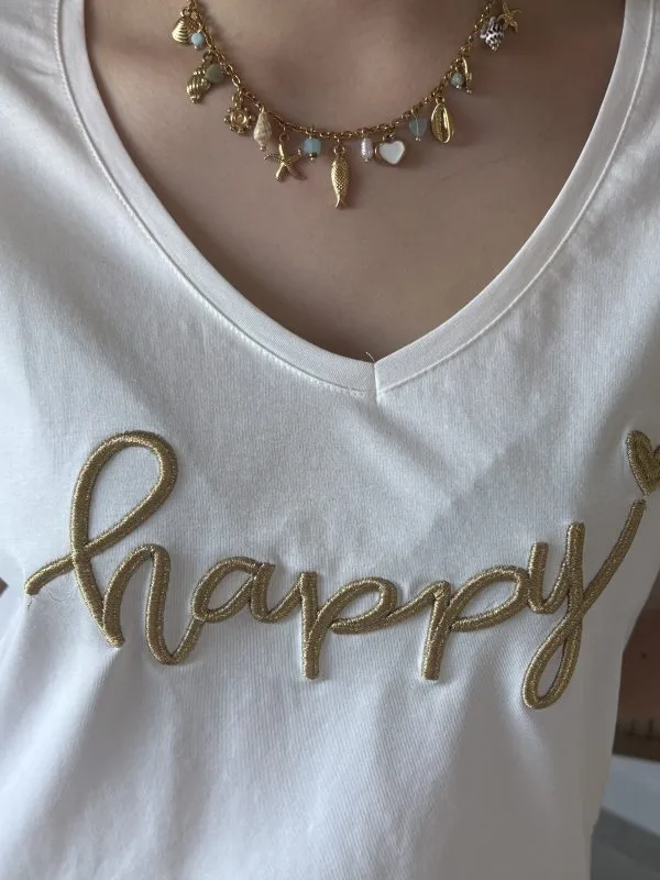 T shirt blanc doré – col V “HAPPY” Milanah
