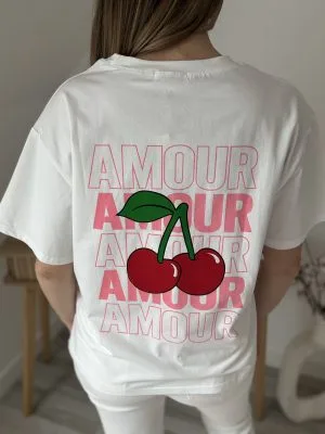 Tee Shirt Amour | Imprimé Cerise | Blanc 100% Coton | Milanah