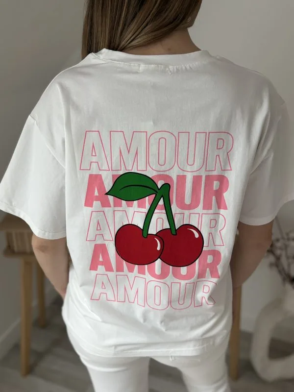 Tee Shirt Amour | Imprimé Cerise | Blanc 100% Coton | Milanah
