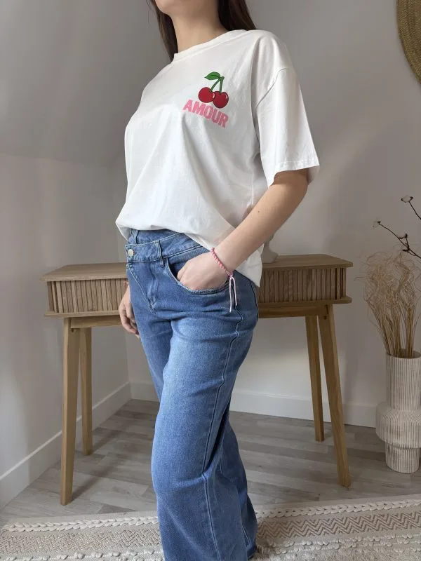 Tee Shirt Amour | Imprimé Cerise | Blanc 100% Coton | Milanah