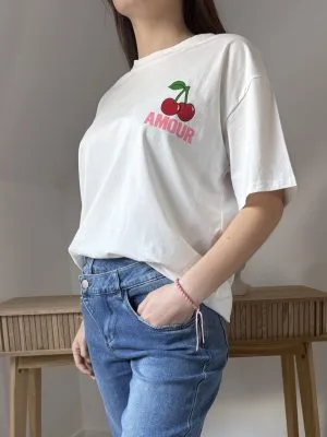 Tee Shirt Amour | Imprimé Cerise | Blanc 100% Coton | Milanah