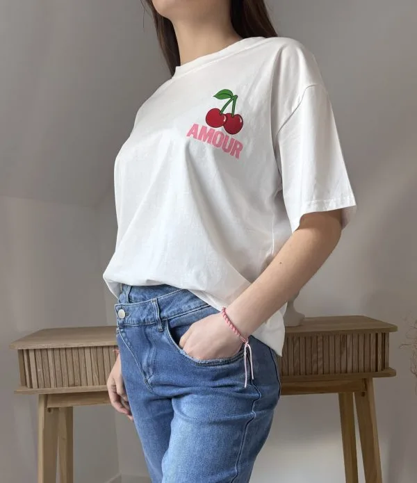Tee Shirt Amour | Imprimé Cerise | Blanc 100% Coton | Milanah