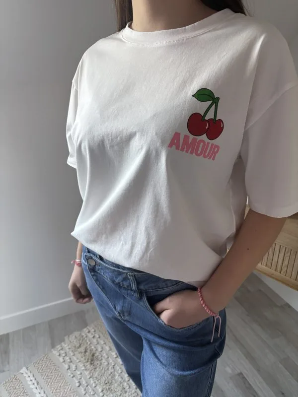 Tee Shirt Amour | Imprimé Cerise | Blanc 100% Coton | Milanah