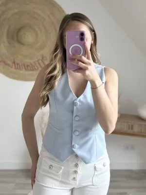 Gilet sans manches bleu femme chic – Milanah look tailleur