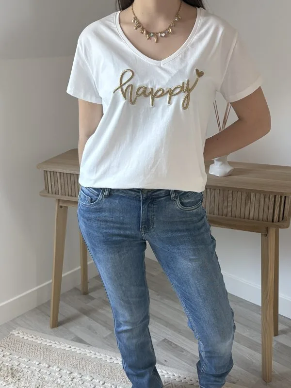T shirt brodé femme blanc doré – col V “HAPPY” Milanah