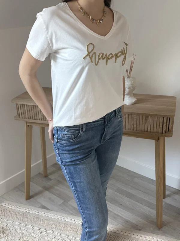 T shirt blanc doré – col V “HAPPY” Milanah