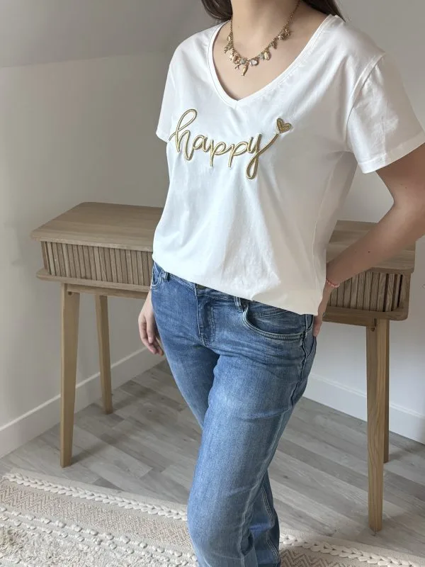 T shirt brodé femme blanc doré – col V “HAPPY” Milanah