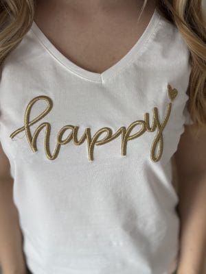 T shirt brodé femme blanc doré – col V “HAPPY” Milanah