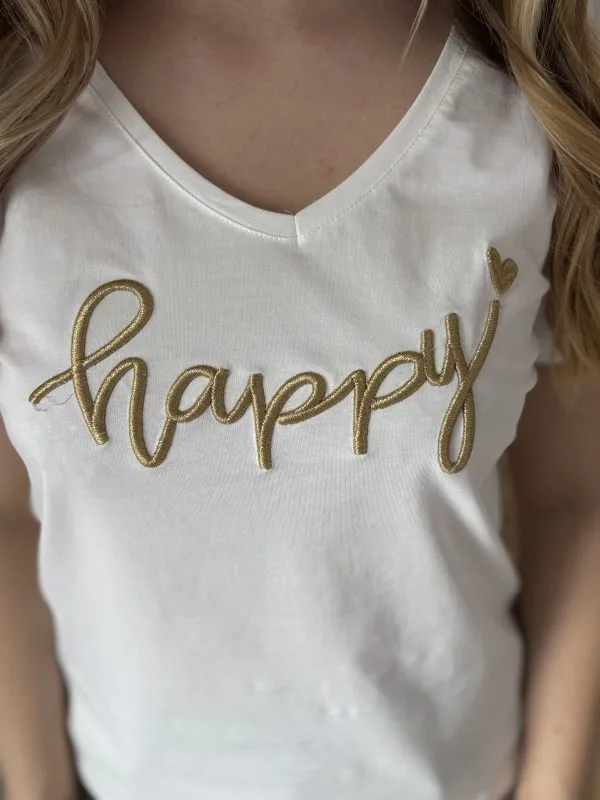 T shirt brodé femme blanc doré – col V “HAPPY” Milanah