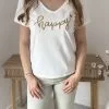 happy 6 T shirt brodé femme blanc doré – col V “HAPPY” Milanah