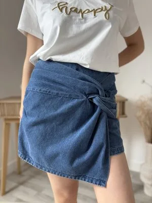 Jupe short en jean tendance femme – taille haute & nœud drapé