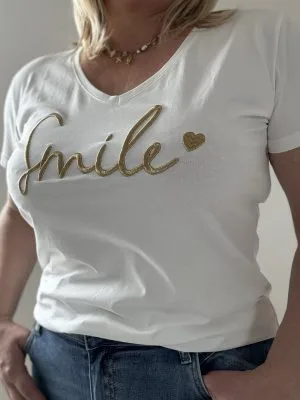 Tee Shirt Femme Grande Taille | Broderie SMILE Dorée | Milanah