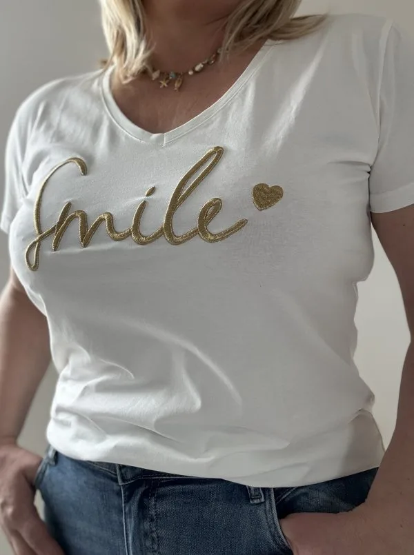Tee Shirt Femme Grande Taille | Broderie SMILE Dorée | Milanah