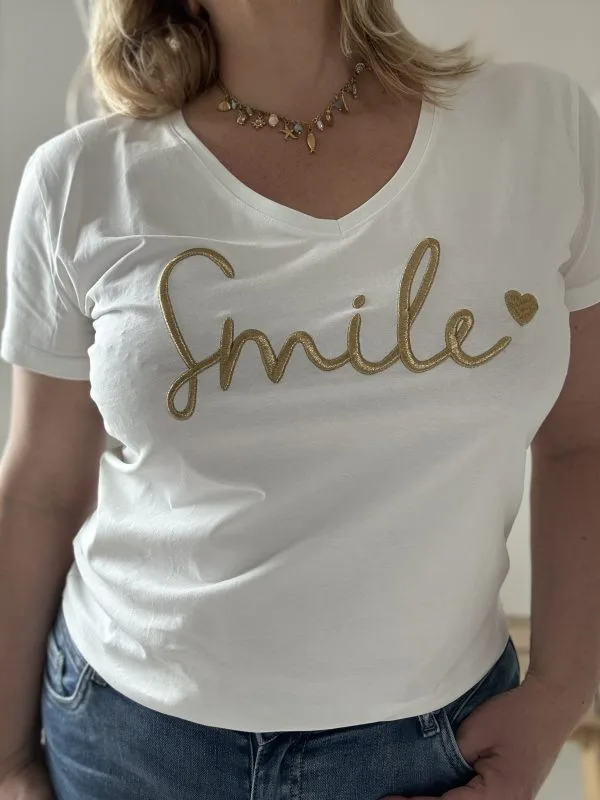 Tee Shirt Femme Grande Taille | Broderie SMILE Dorée | Milanah