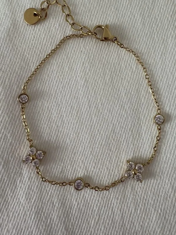 Bracelet Fin Doré en Acier Inoxydable | Fleurs Strass Élégantes
