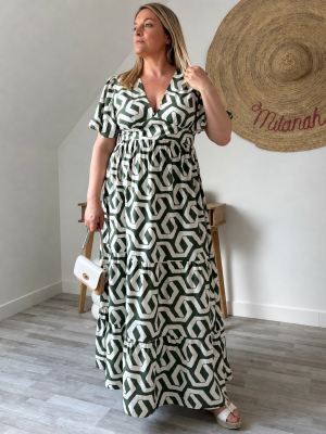 Robe Longue Fluide Imprimé Graphique Vert – Milanah