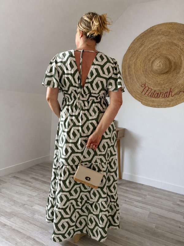 Robe Longue Fluide Imprimé Graphique Vert – Milanah