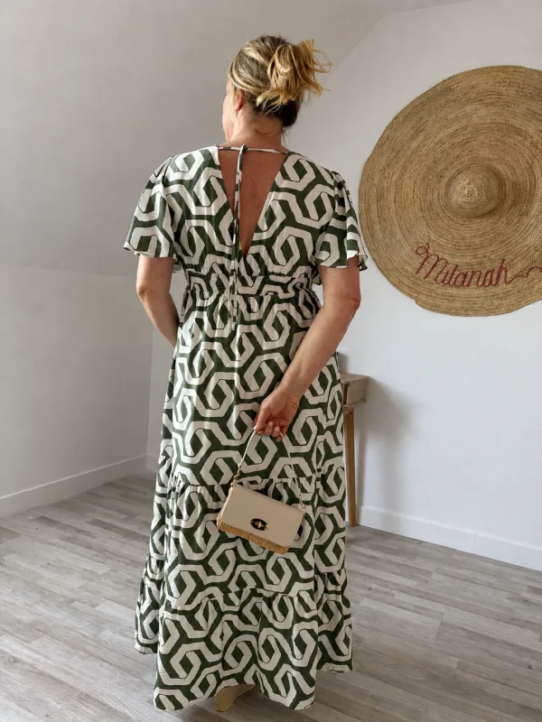 Robe Longue Fluide Imprimé Graphique Vert – Milanah