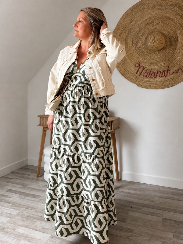 Robe Longue Fluide Imprimé Graphique Vert – Milanah